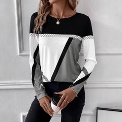 Color-blocked crew neck long-sleeved T-shirt