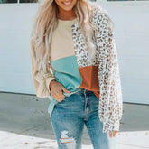 Color-blocked leopard print long-sleeved shirt