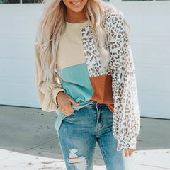 Color-blocked leopard print long-sleeved shirt