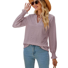 Ruffled long-sleeved V-neck openwork top