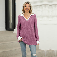 Striped V-neck knit top