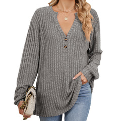 Ribbed V-neck long-sleeved knit sweater