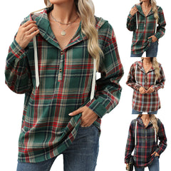 plaid hooded button-down shirt