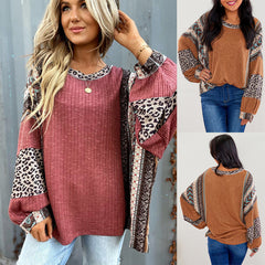 Leopard print color-blocked ribbed top