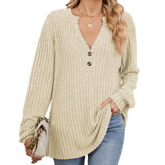 Ribbed V-neck long-sleeved knit sweater