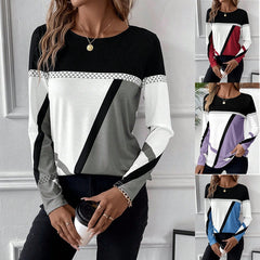 Color-blocked crew neck long-sleeved T-shirt