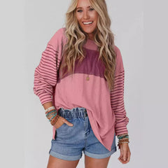 Crew neck striped long-sleeved slit T-shirt