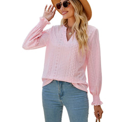Ruffled long-sleeved V-neck openwork top