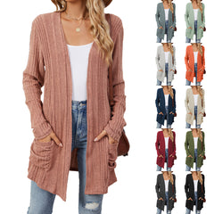 Pocketed Open Front Long Sleeve Cardigan
