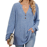 Ribbed V-neck long-sleeved knit sweater