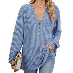 Ribbed V-neck long-sleeved knit sweater