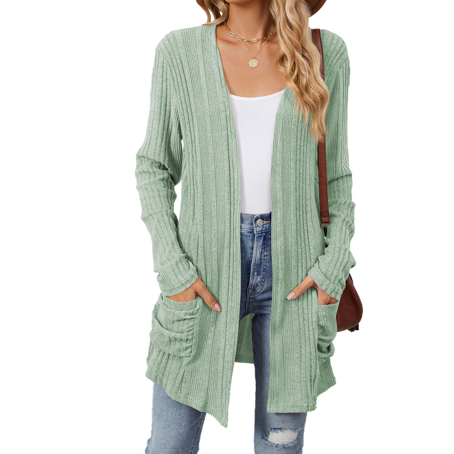 Pocketed Open Front Long Sleeve Cardigan