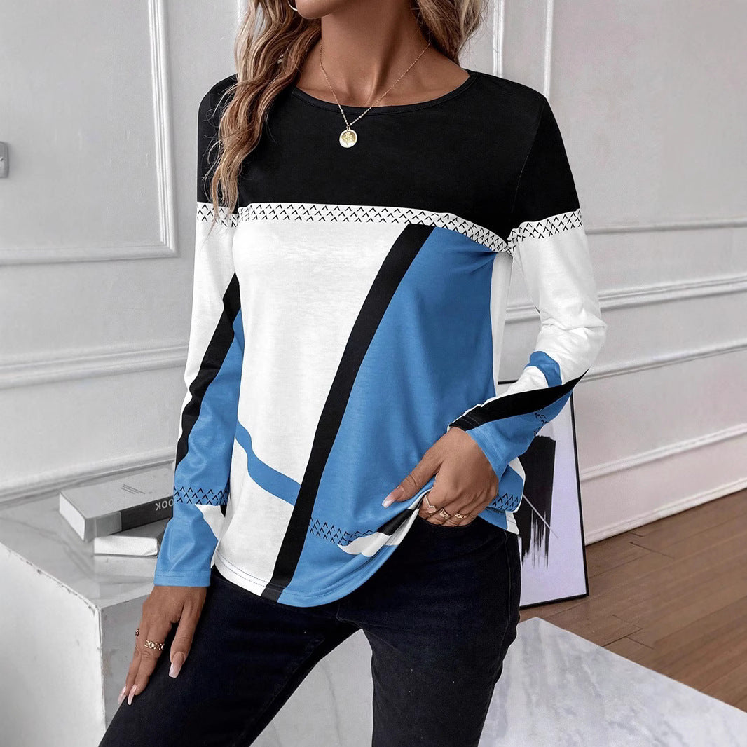 Color-blocked crew neck long-sleeved T-shirt