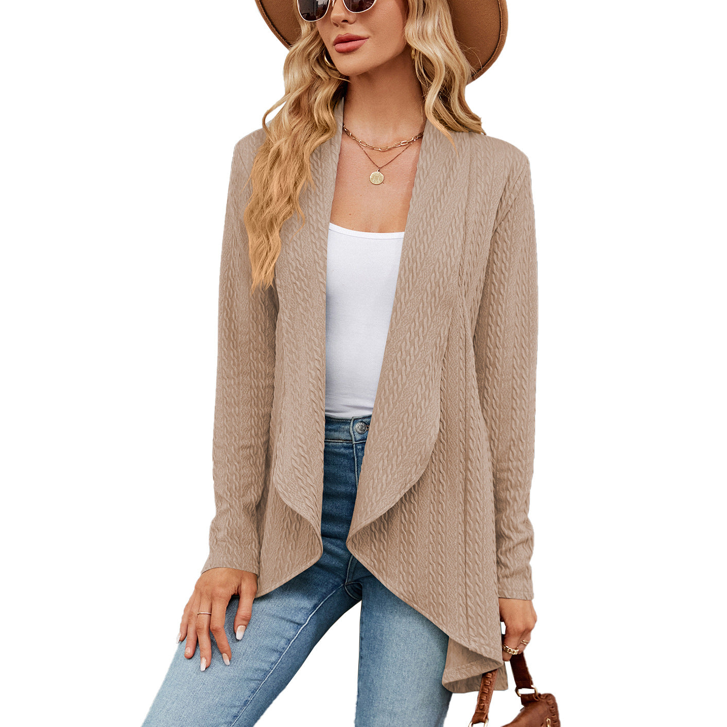 Long-sleeved solid color knitted cardigan