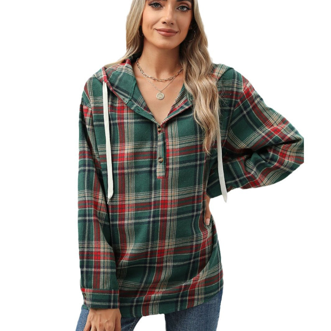 plaid hooded button-down shirt