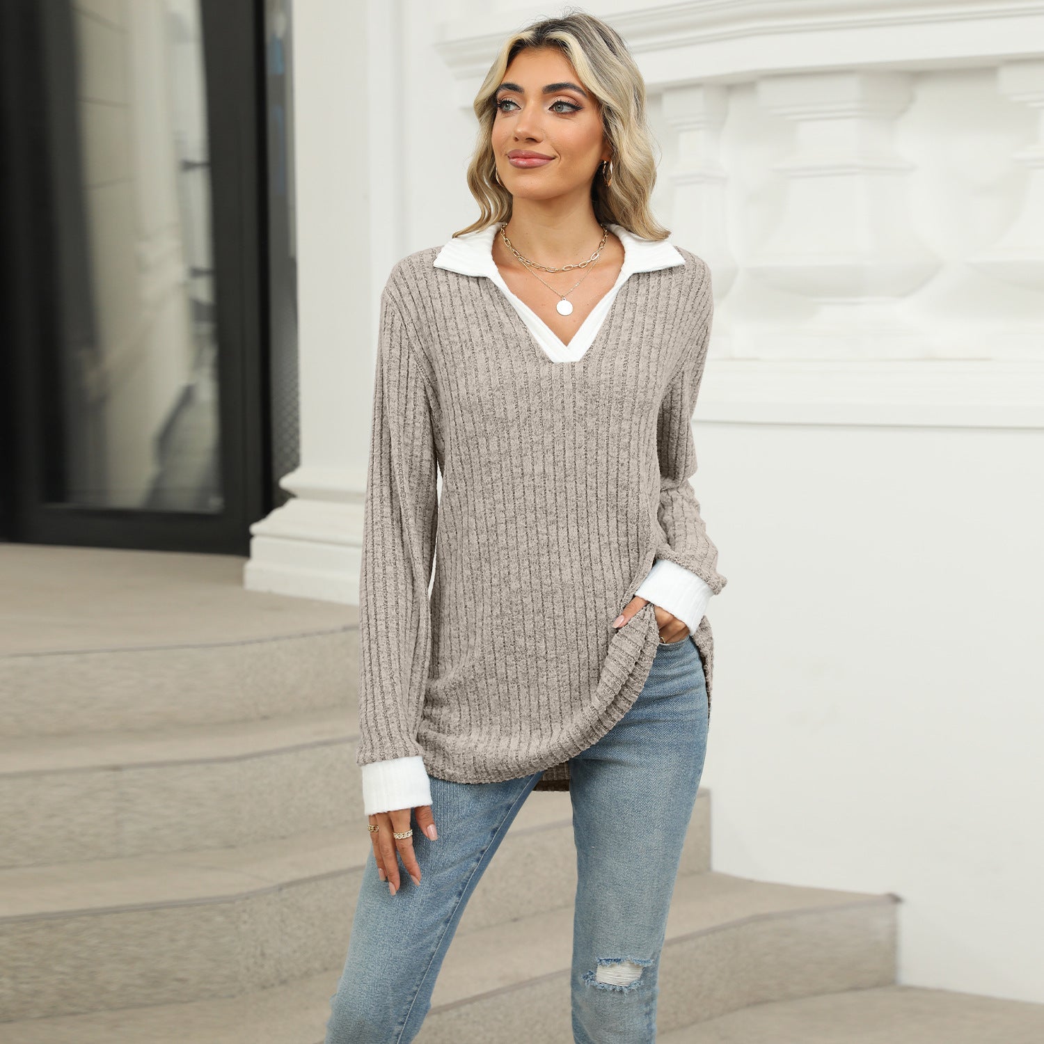 Striped V-neck knit top