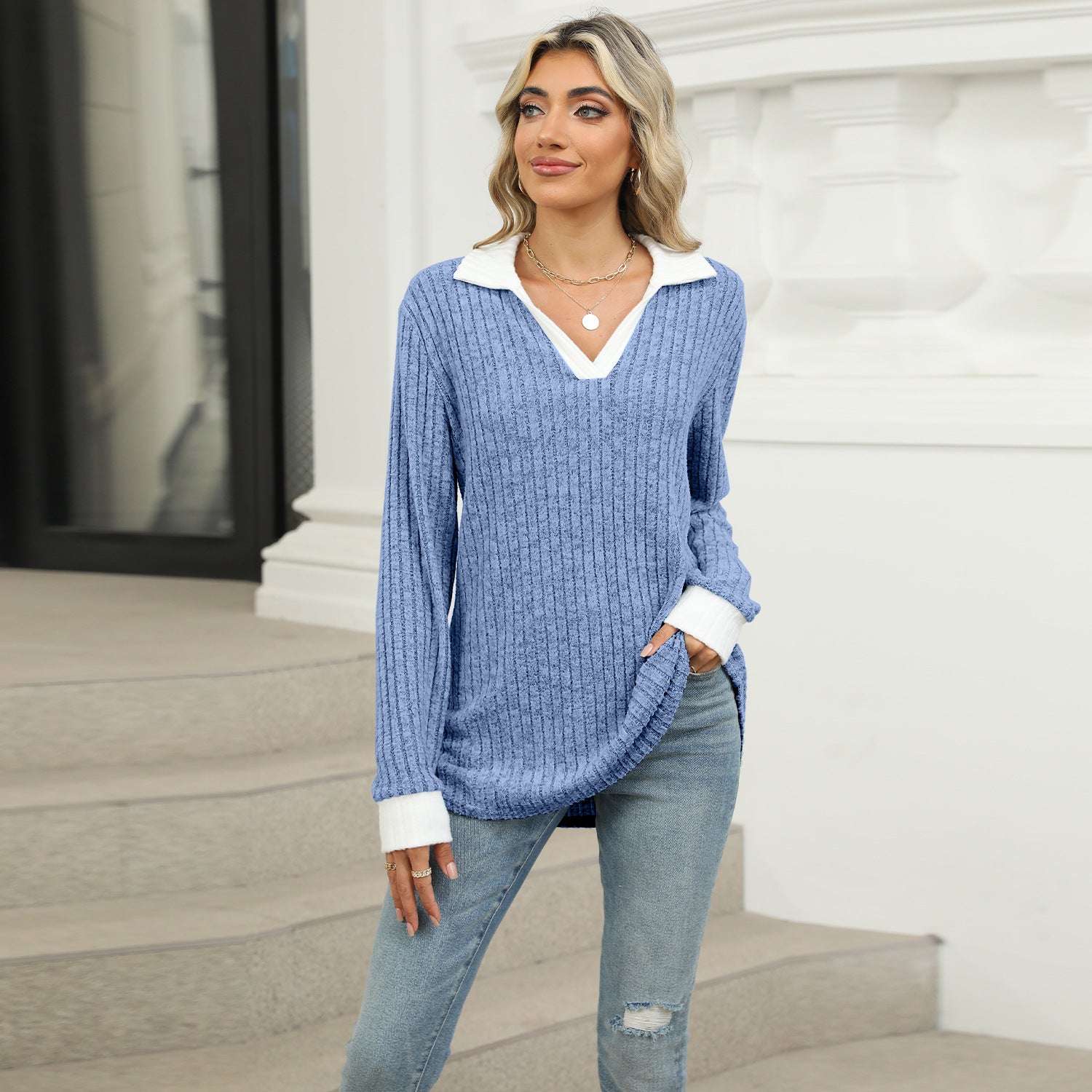 Striped V-neck knit top
