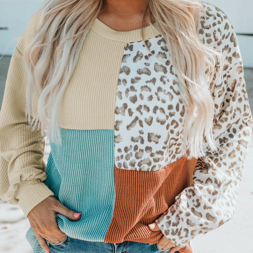 Color-blocked leopard print long-sleeved shirt