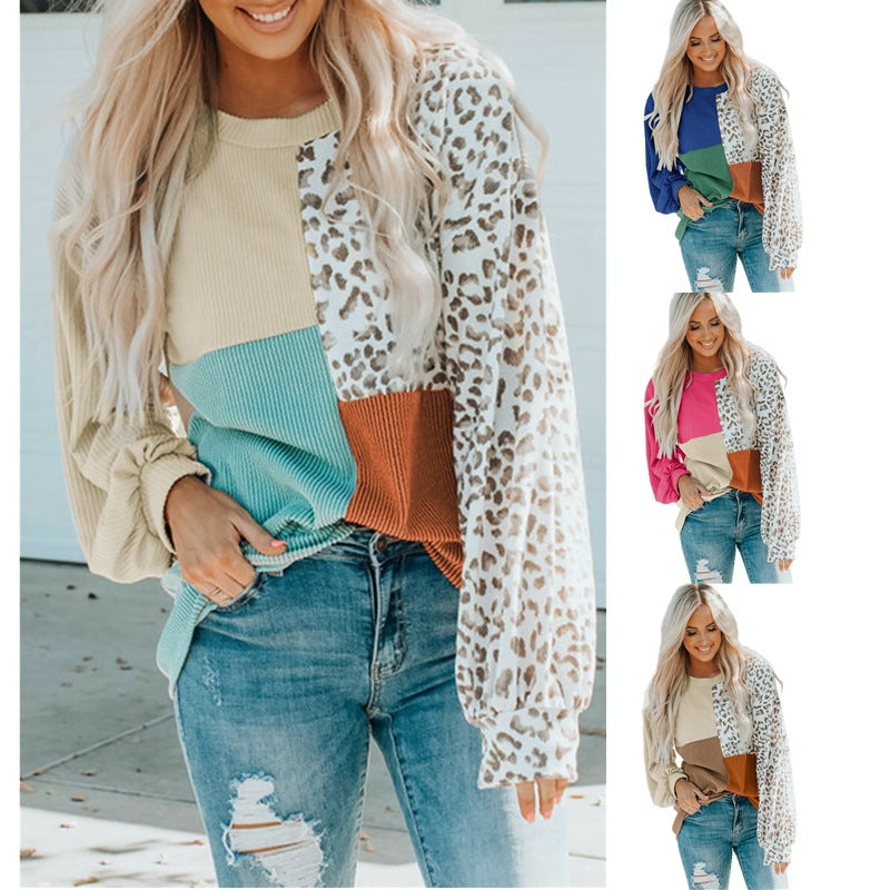 Color-blocked leopard print long-sleeved shirt
