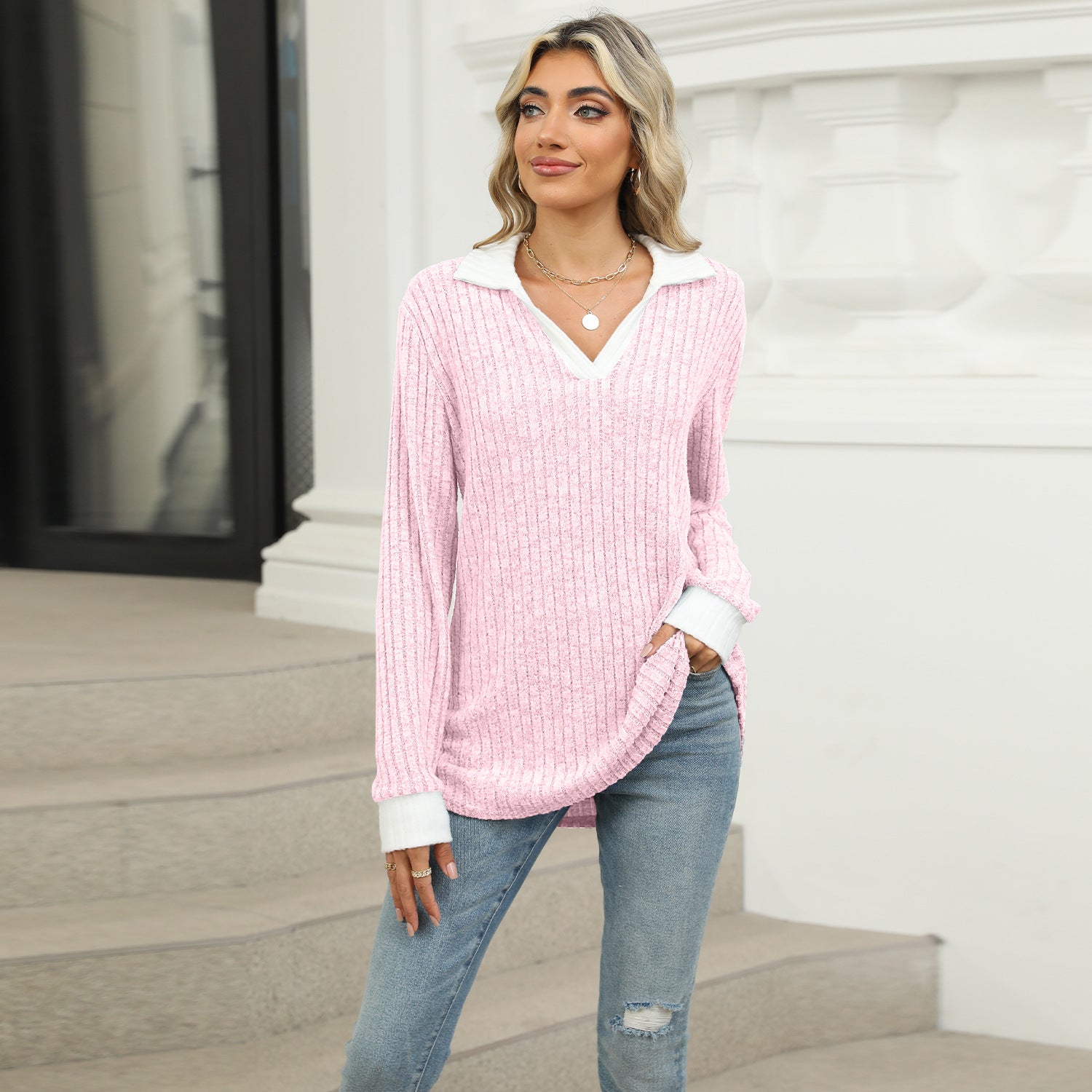 Striped V-neck knit top