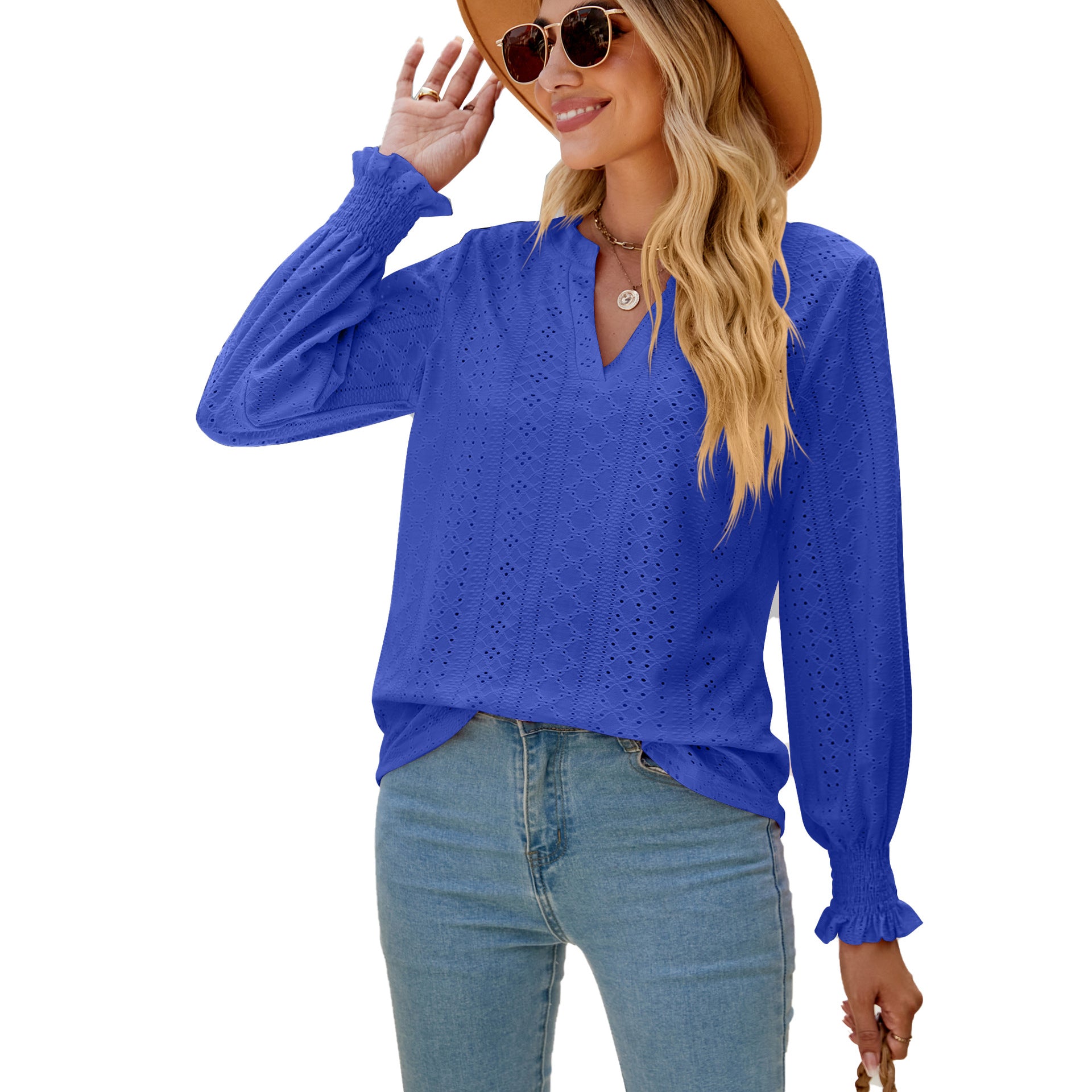Ruffled long-sleeved V-neck openwork top