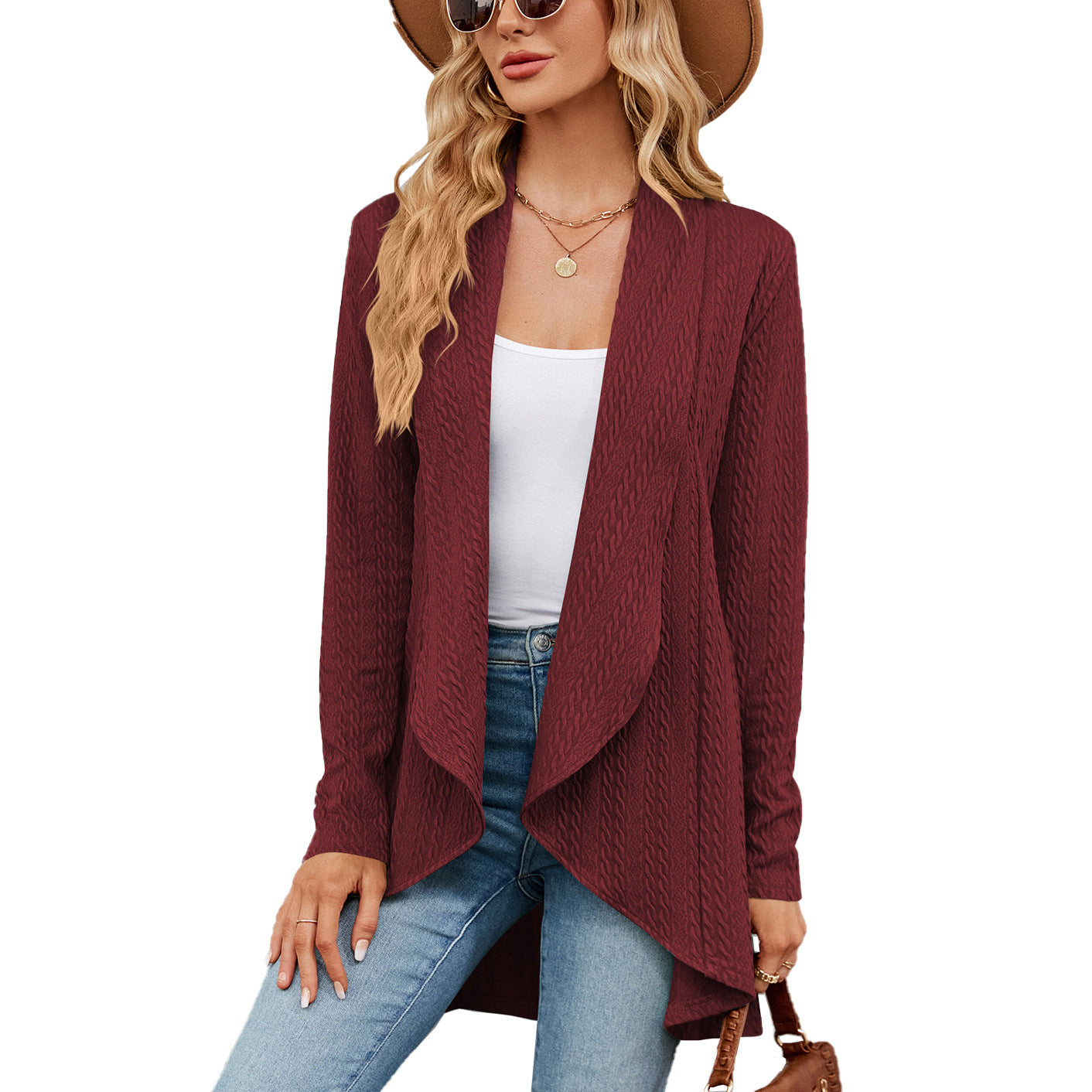 Long-sleeved solid color knitted cardigan