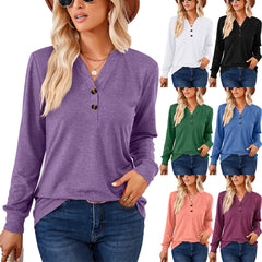 Solid color button V-neck top