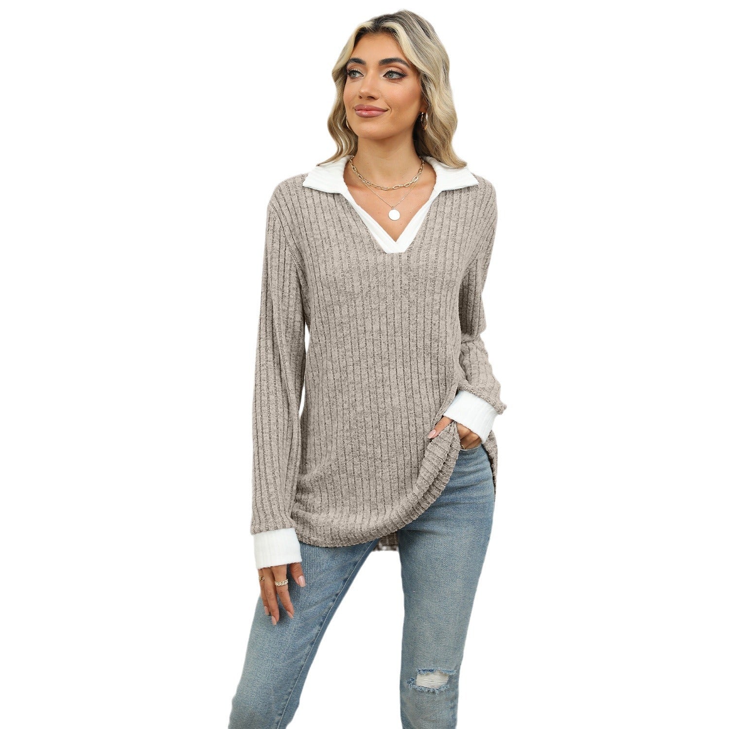 Striped V-neck knit top