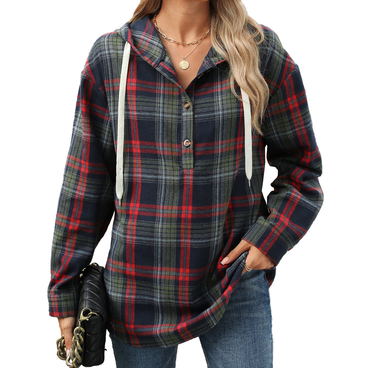 plaid hooded button-down shirt