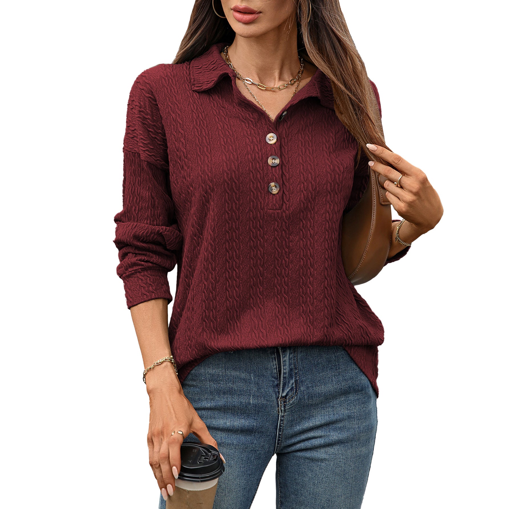 Women's collared button textured top