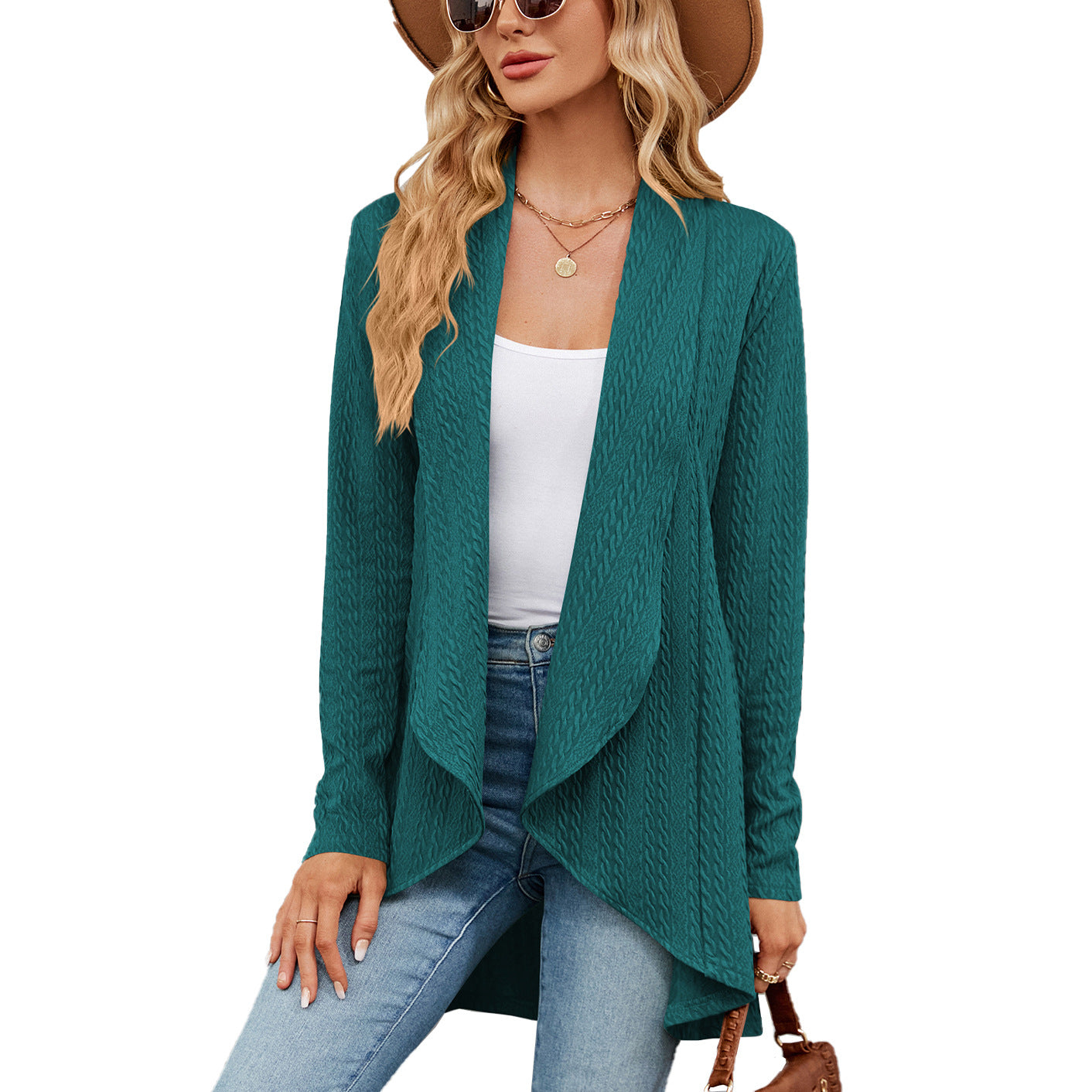 Long-sleeved solid color knitted cardigan