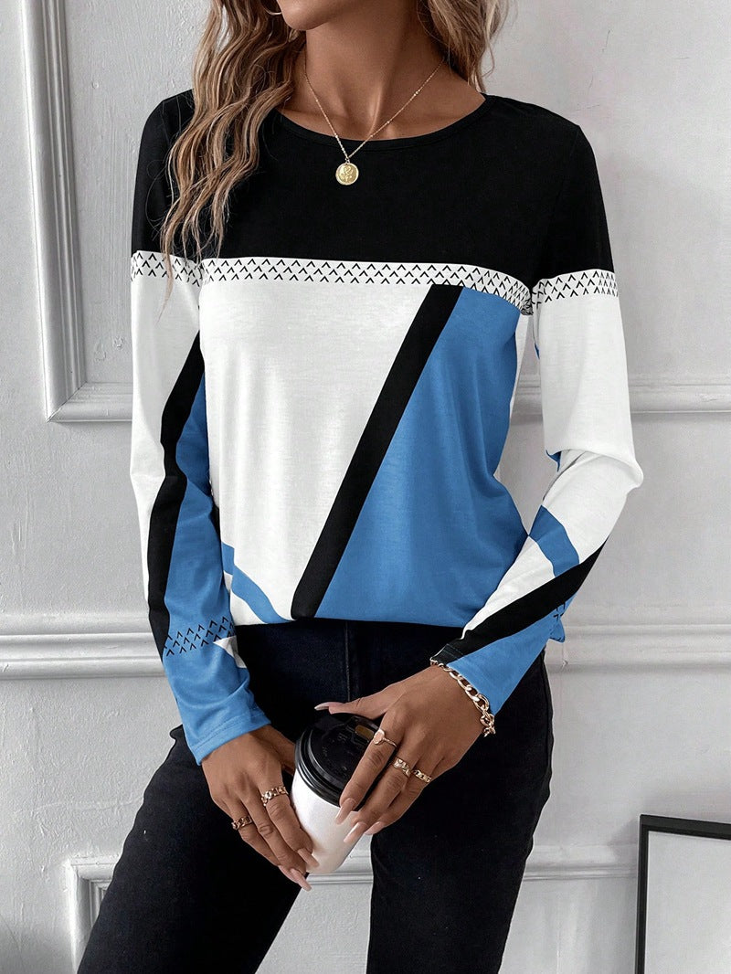 Color-blocked crew neck long-sleeved T-shirt