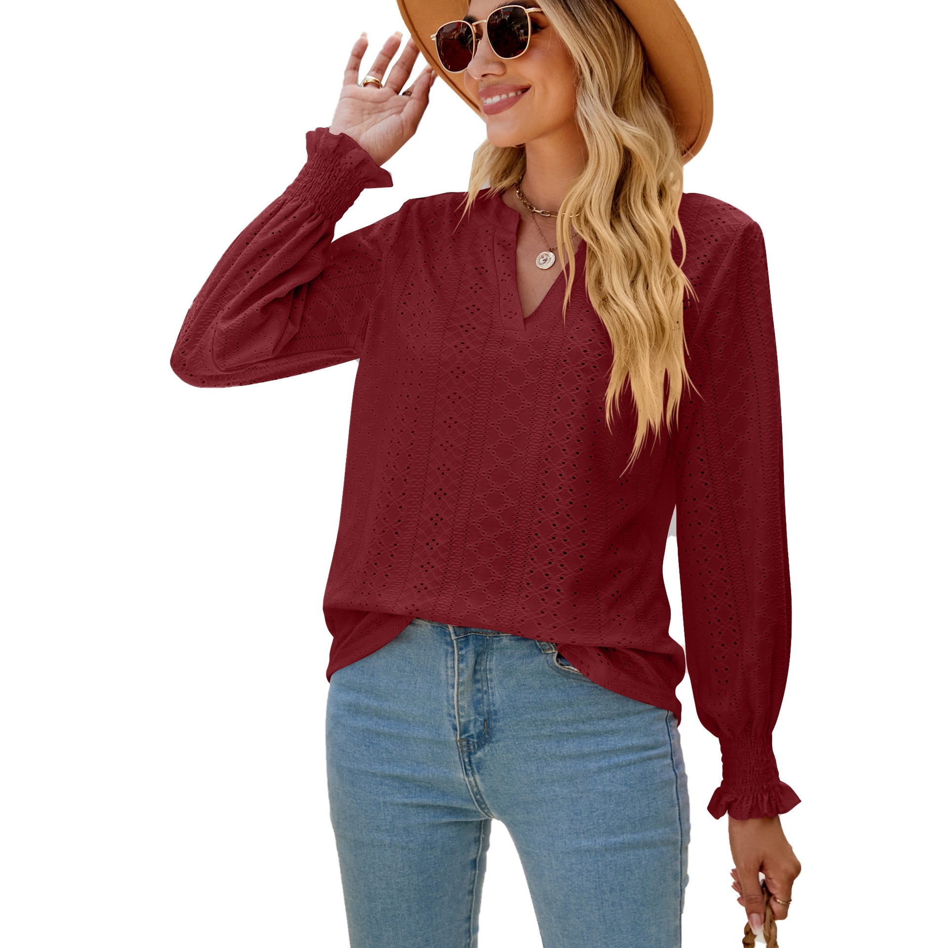 Ruffled long-sleeved V-neck openwork top