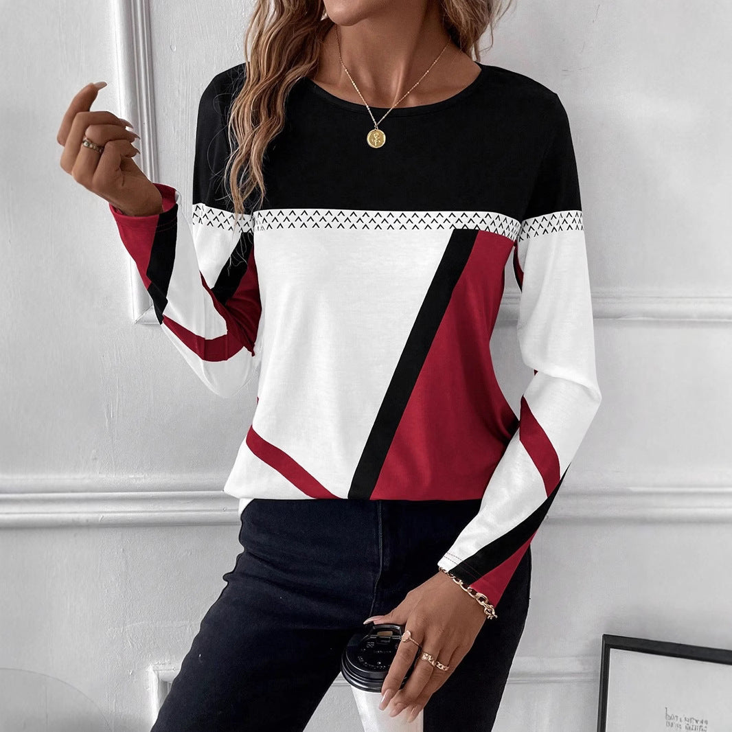 Color-blocked crew neck long-sleeved T-shirt