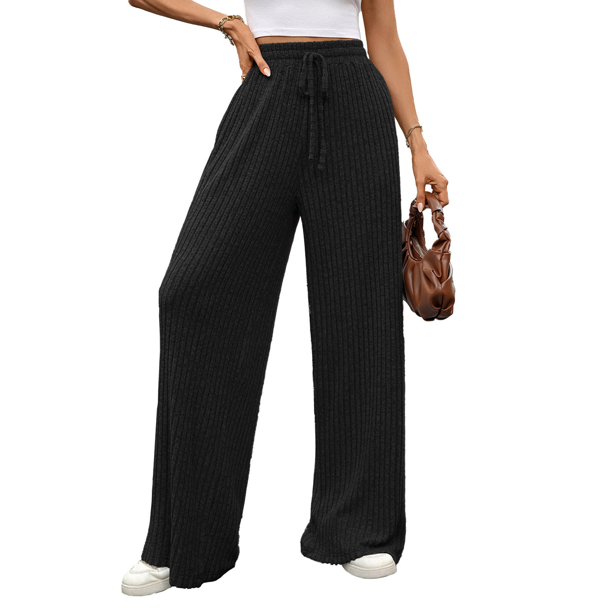 Stylish loose-fitting solid color knit pants