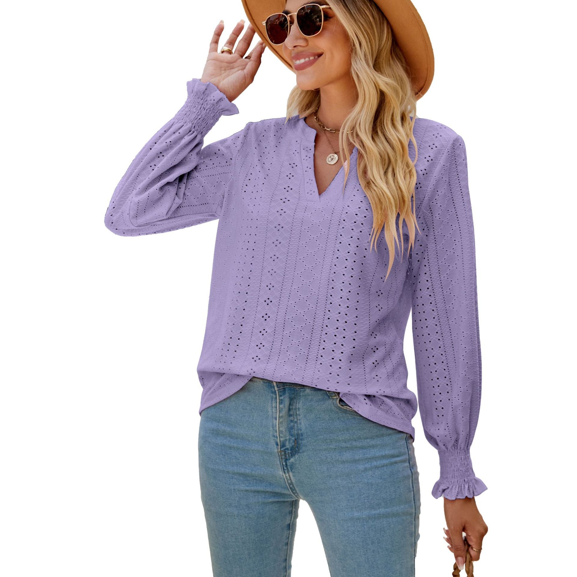 Ruffled long-sleeved V-neck openwork top