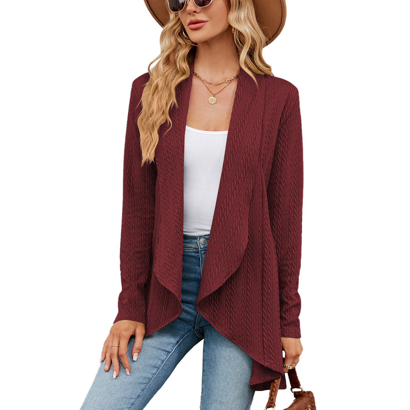 Long-sleeved solid color knitted cardigan
