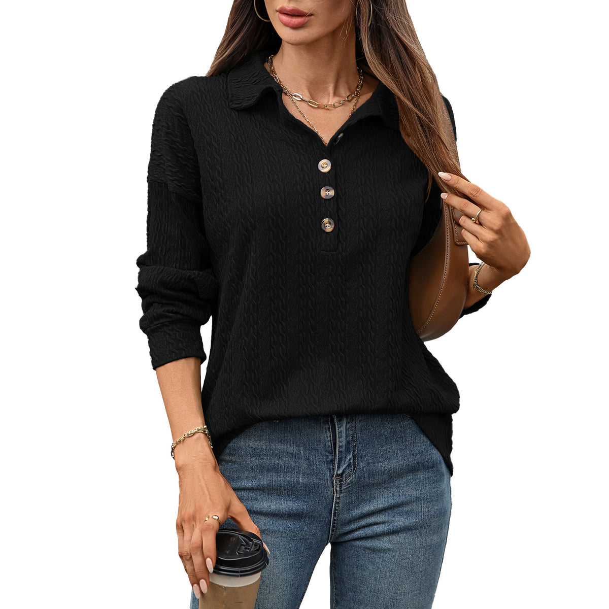 Women's collared button textured top