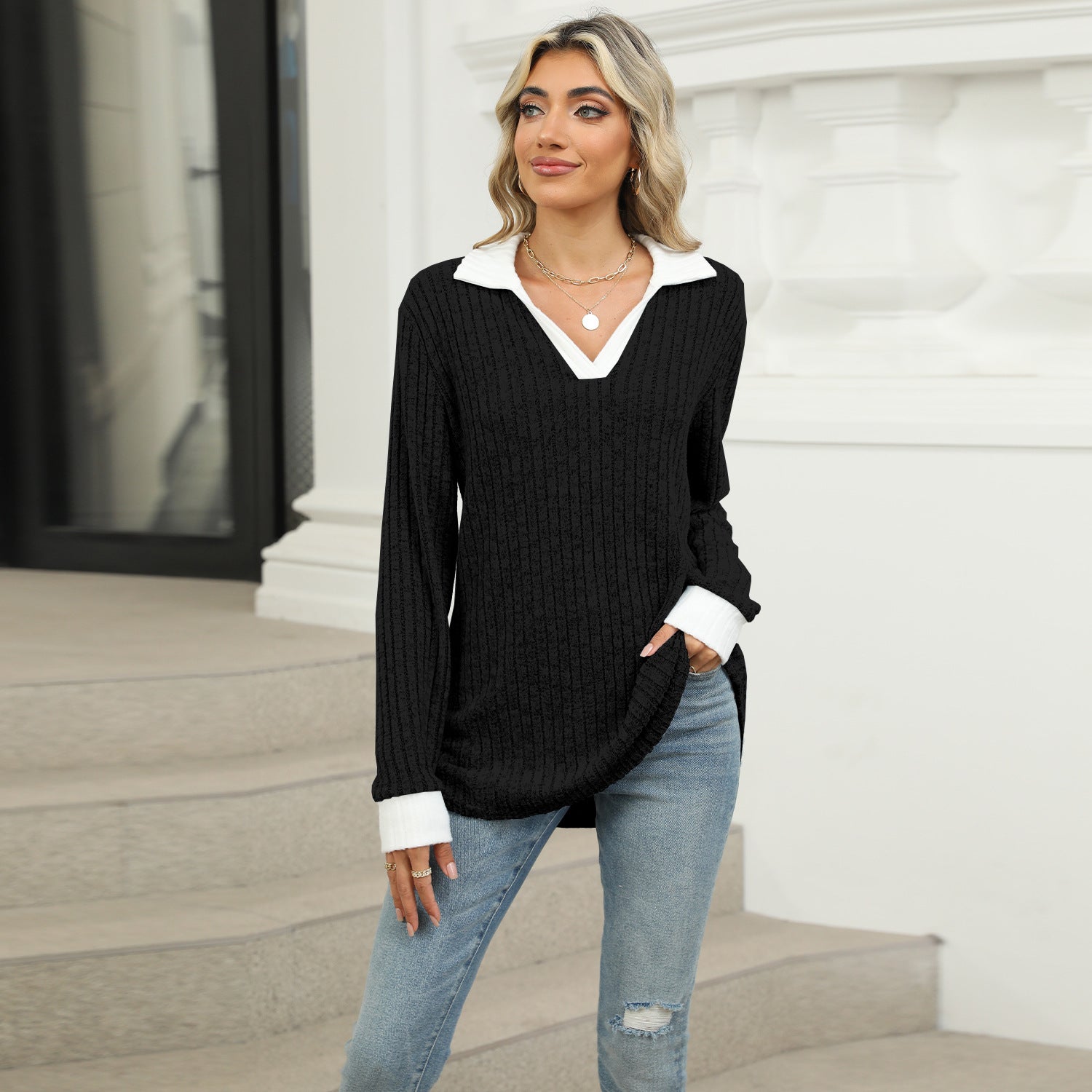 Striped V-neck knit top