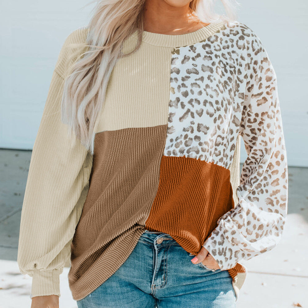 Color-blocked leopard print long-sleeved shirt