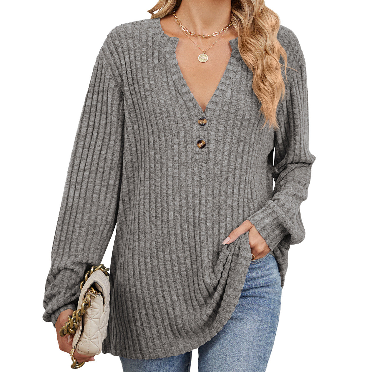Ribbed V-neck long-sleeved knit sweater