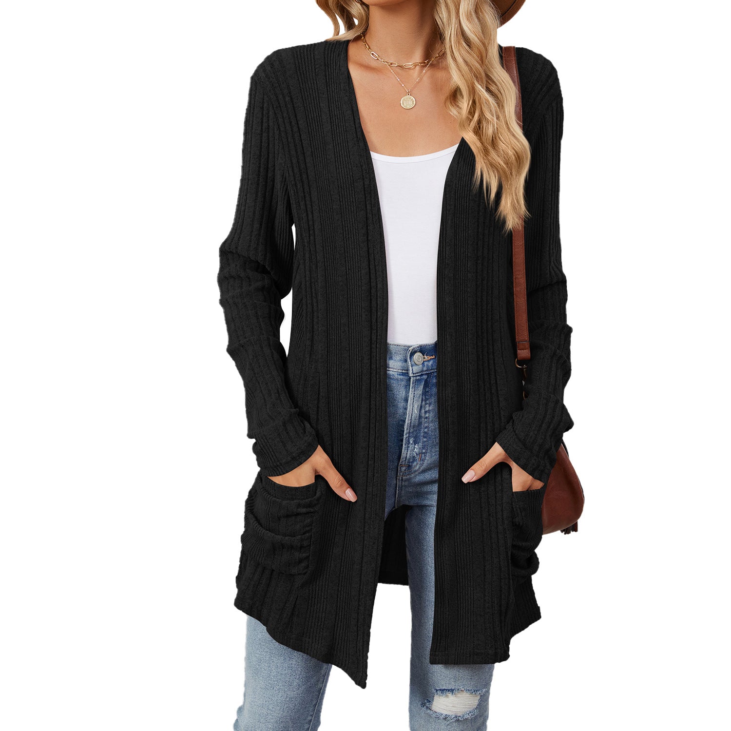 Pocketed Open Front Long Sleeve Cardigan