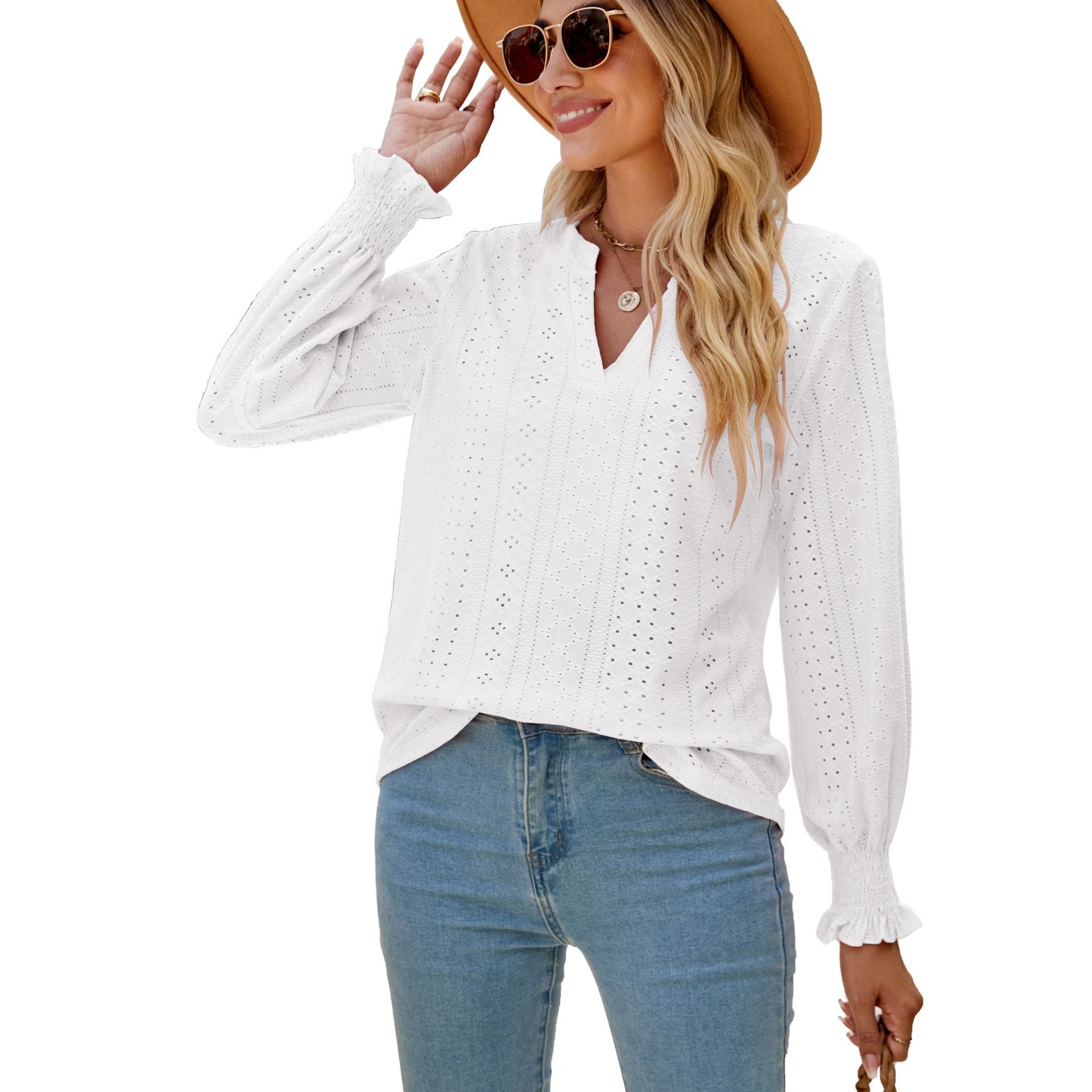 Ruffled long-sleeved V-neck openwork top