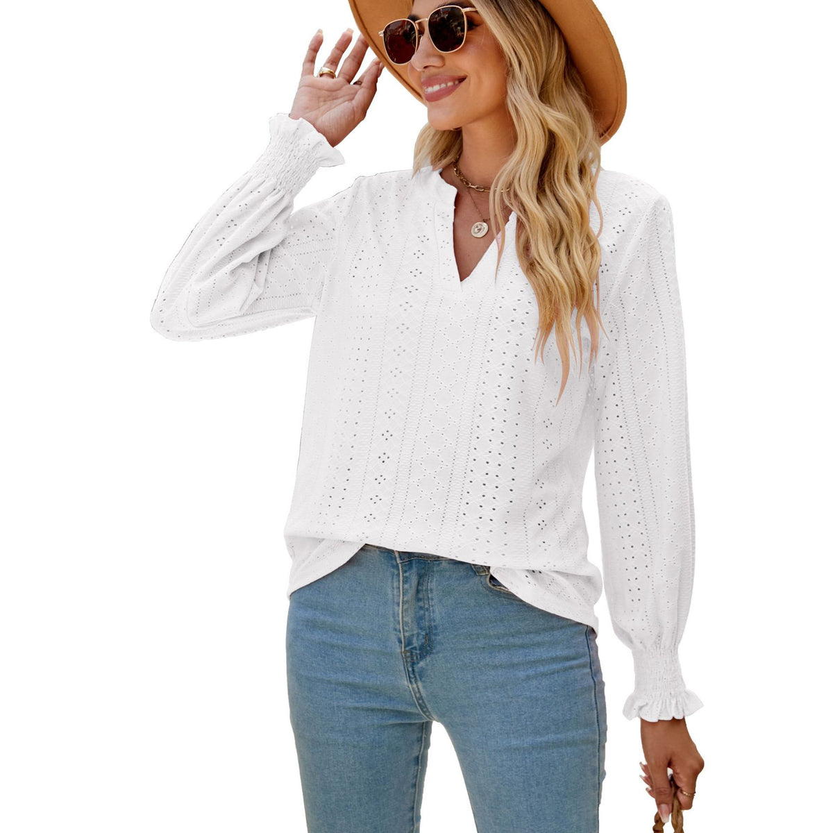 Ruffled long-sleeved V-neck openwork top
