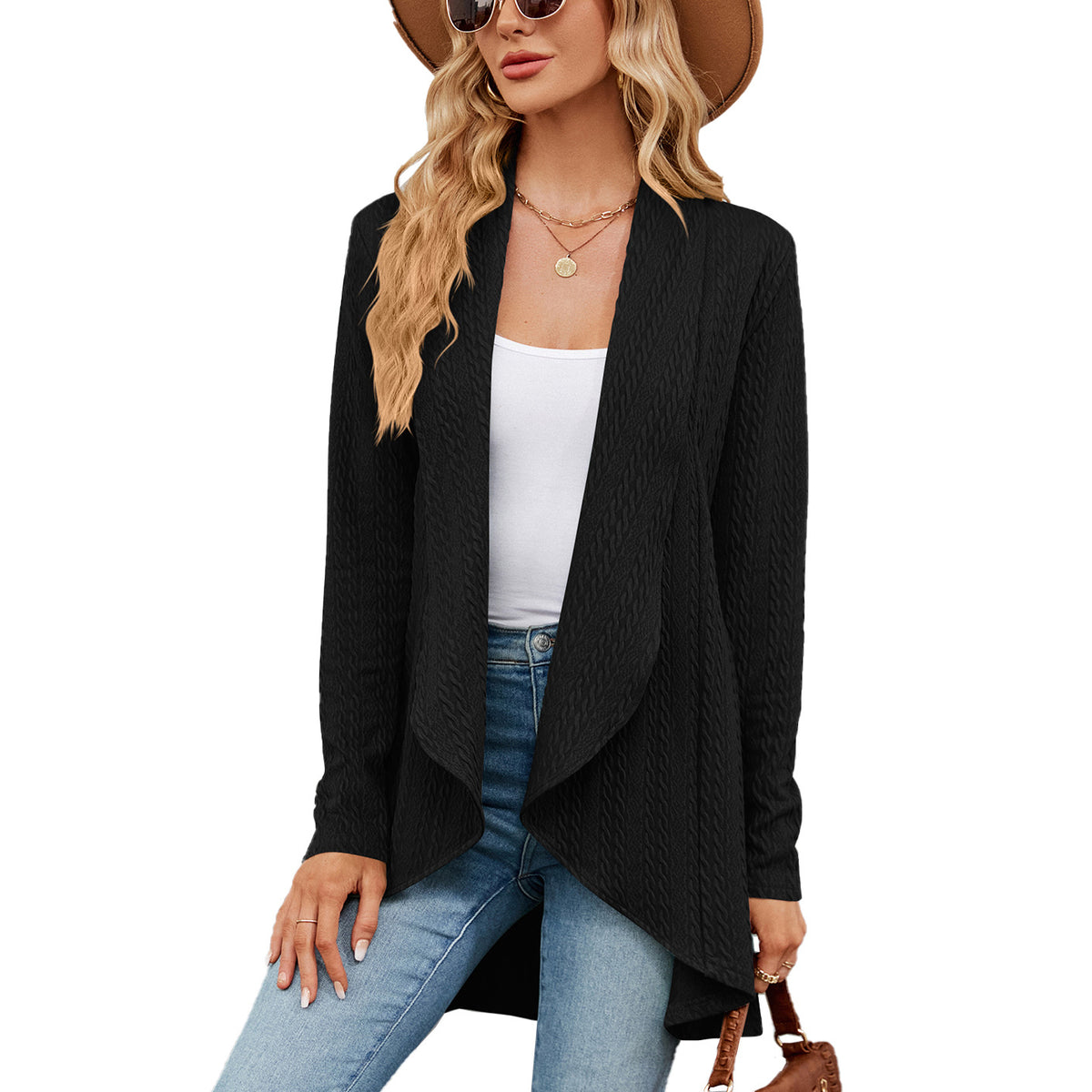 Long-sleeved solid color knitted cardigan