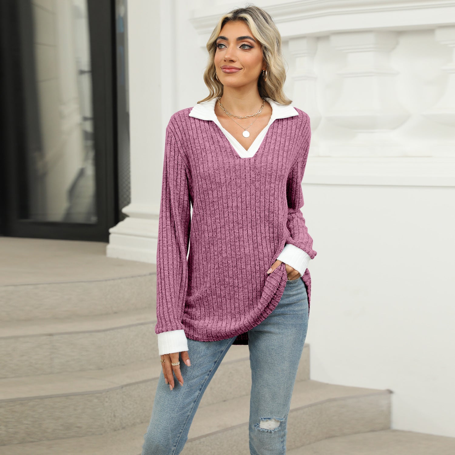 Striped V-neck knit top