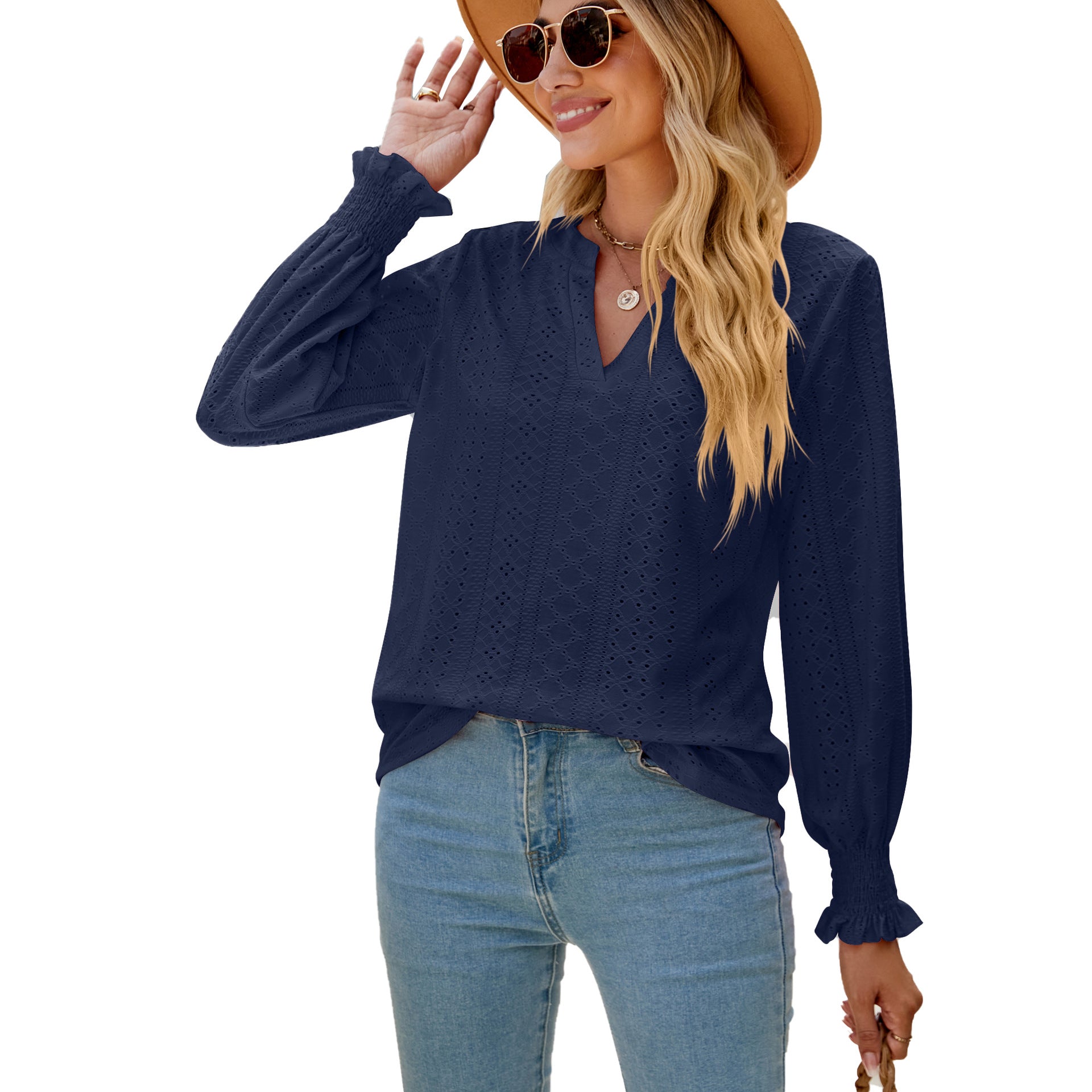 Ruffled long-sleeved V-neck openwork top