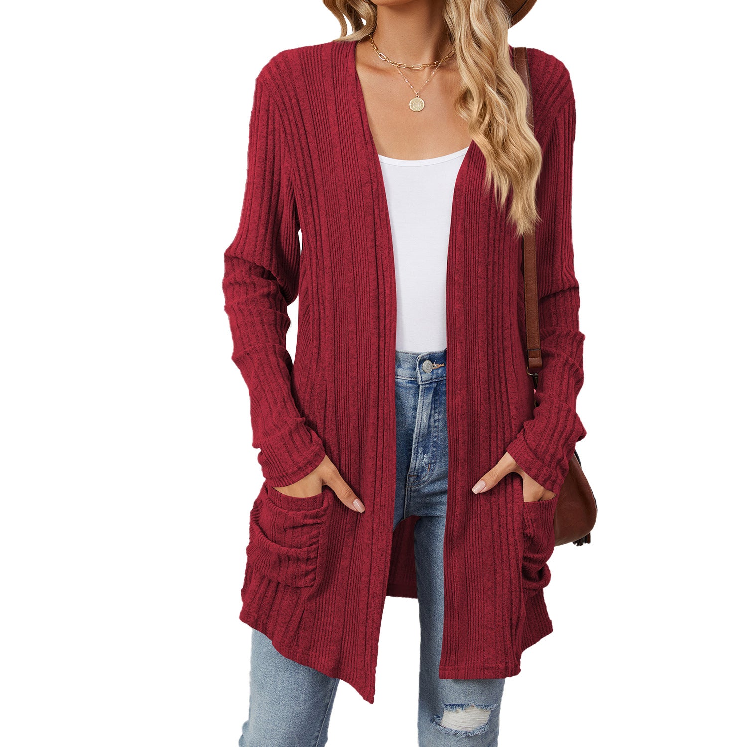 Pocketed Open Front Long Sleeve Cardigan