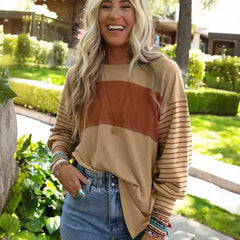 Crew neck striped long-sleeved slit T-shirt