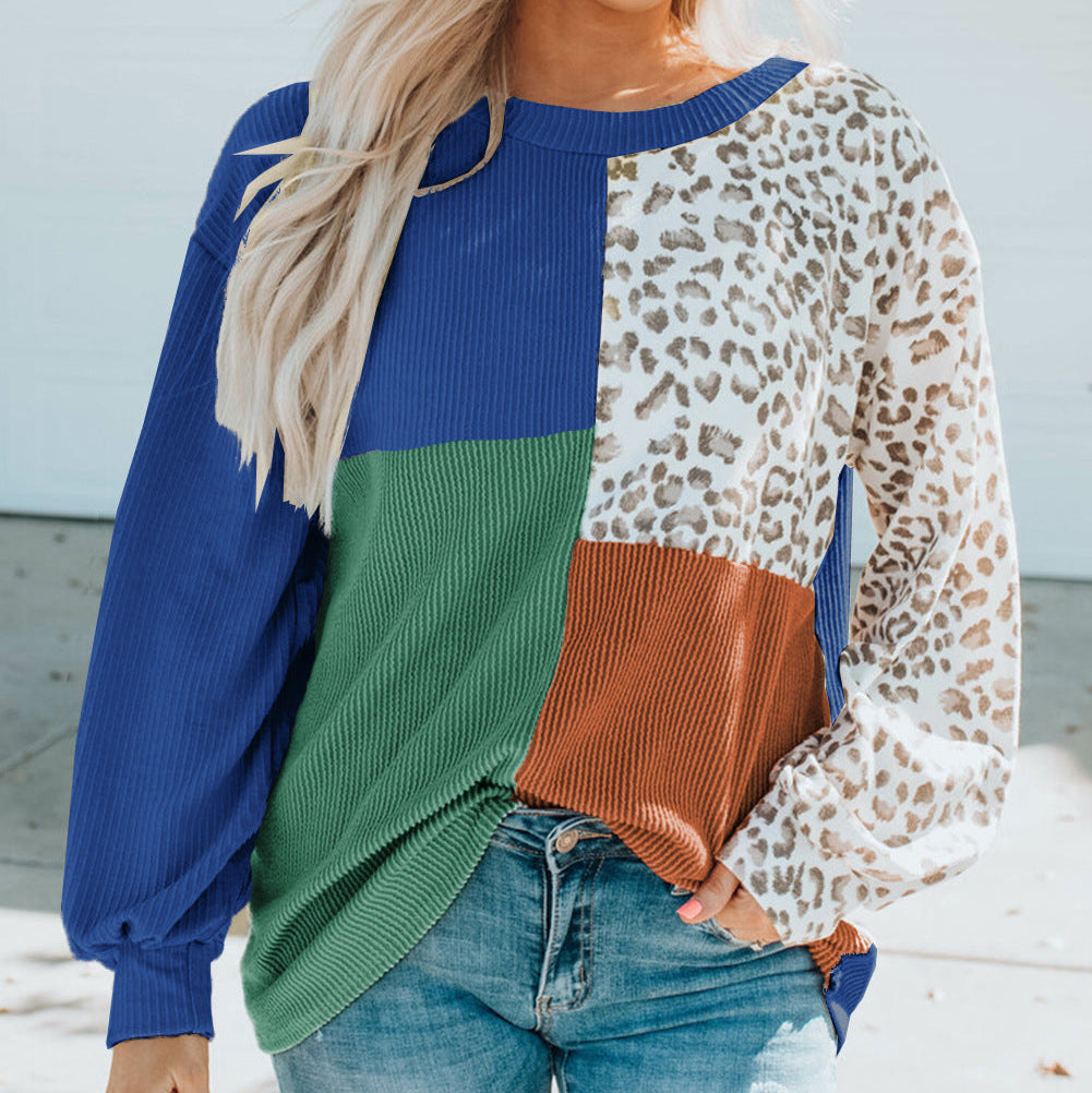 Color-blocked leopard print long-sleeved shirt
